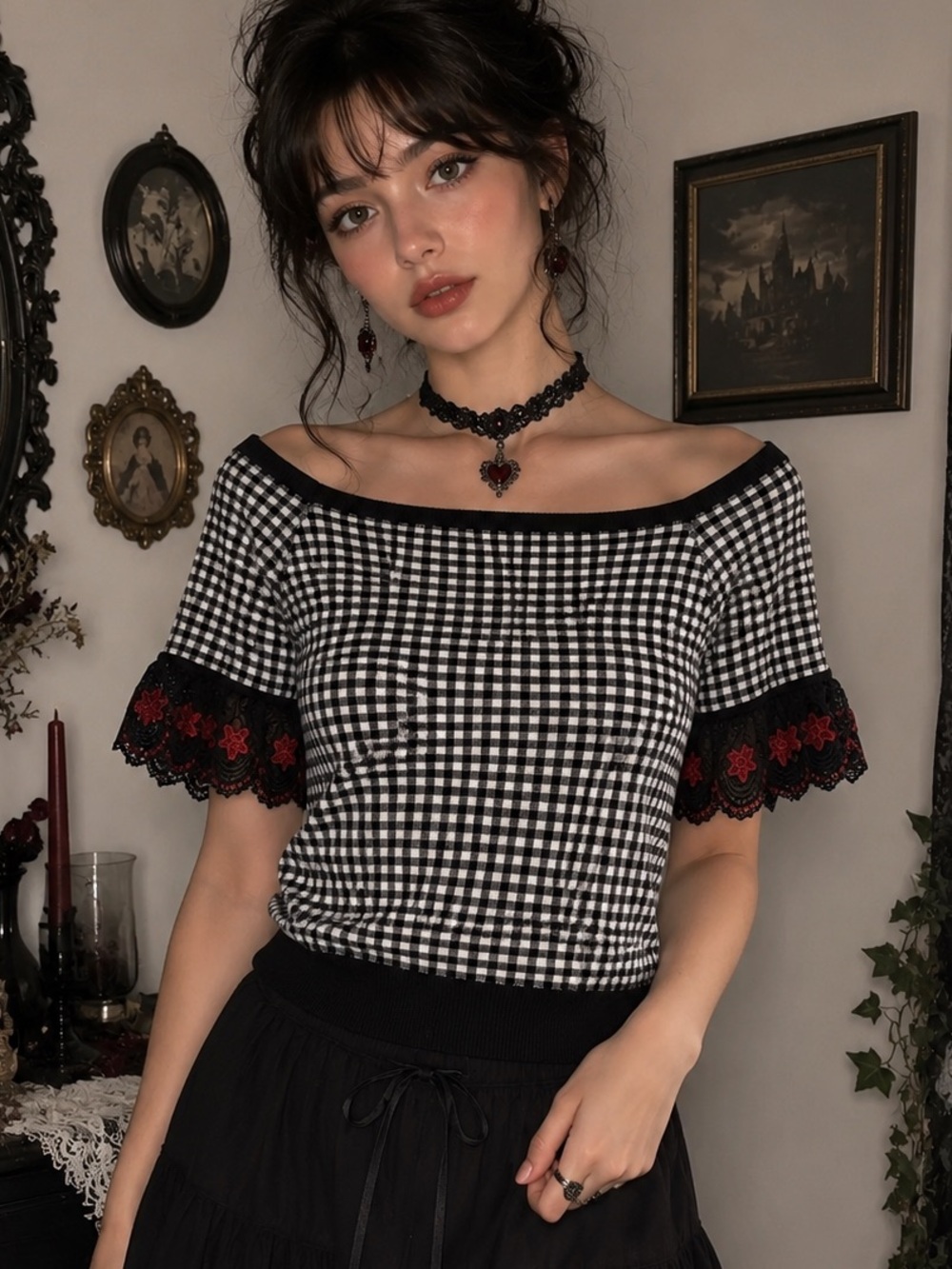 7th Avenue Gingham Lace Embroidered Sleeve Off The Shoulder Whimsigoth Sweater L